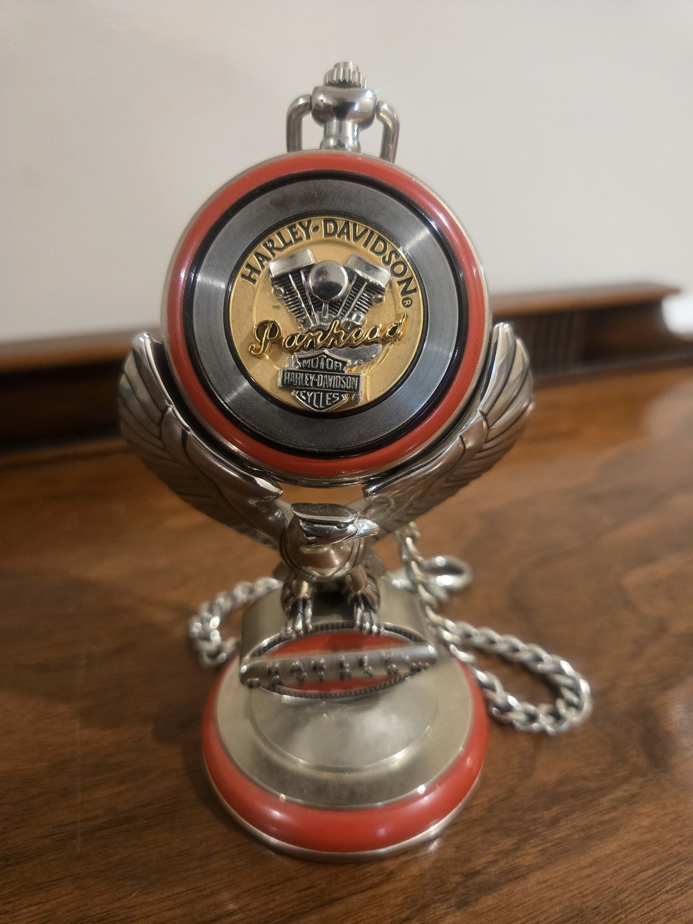 Harley-Davidson Silver and Red Emblem Pocket Watch with Stand